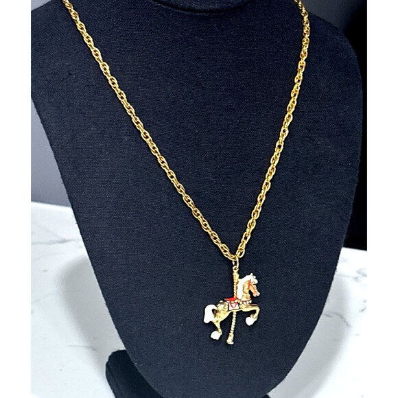 Vintage Carousel Horse Pendant Necklace Gold Tone Enamel Whimsy - Picture 2 of 11